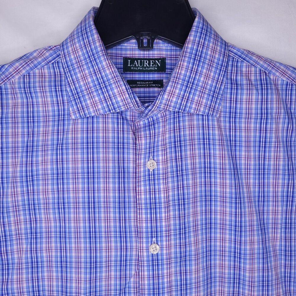 Lauren Ralph Lauren Dress Shirt Mens 16.5 Plaid Blue, Purple Performance Stretch